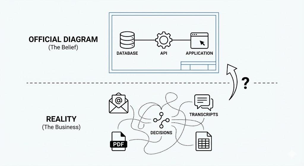 Official diagram showing clean database-API-application stack above, versus reality of emails PDFs transcripts and decisions below