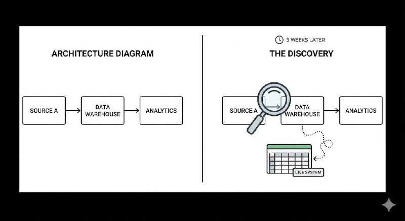 Two-panel diagram: clean architecture diagram on left, discovery of a live spreadsheet system 3 weeks later on right