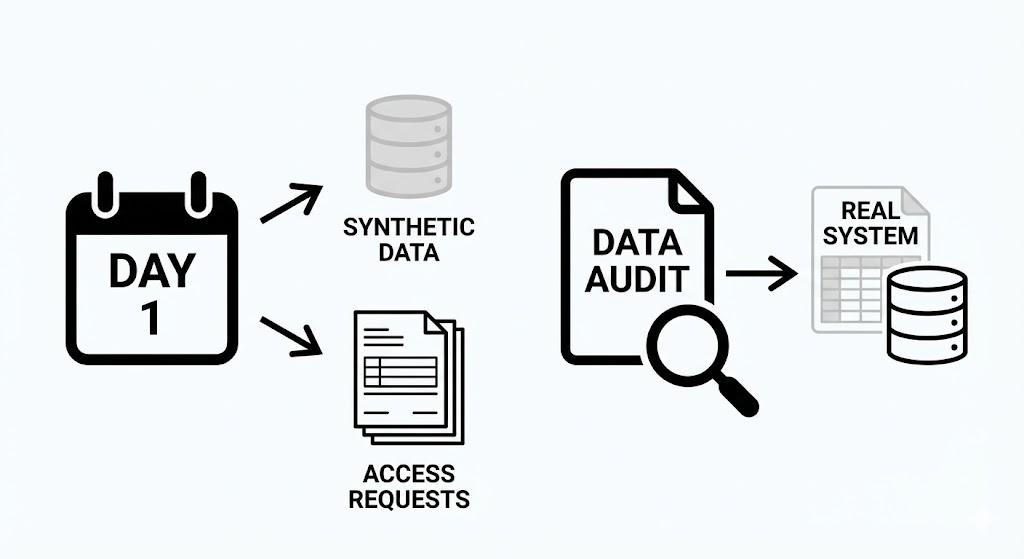 Day 1 workflow: synthetic data and access requests filed immediately, data audit uncovering the real system