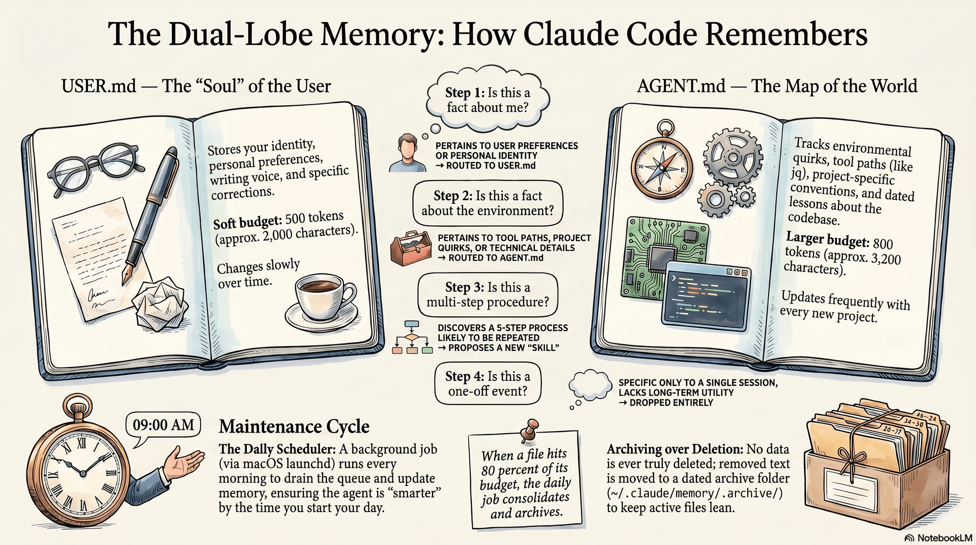Two memory files: USER.md for identity, AGENT.md for environment, with budgets and consolidation