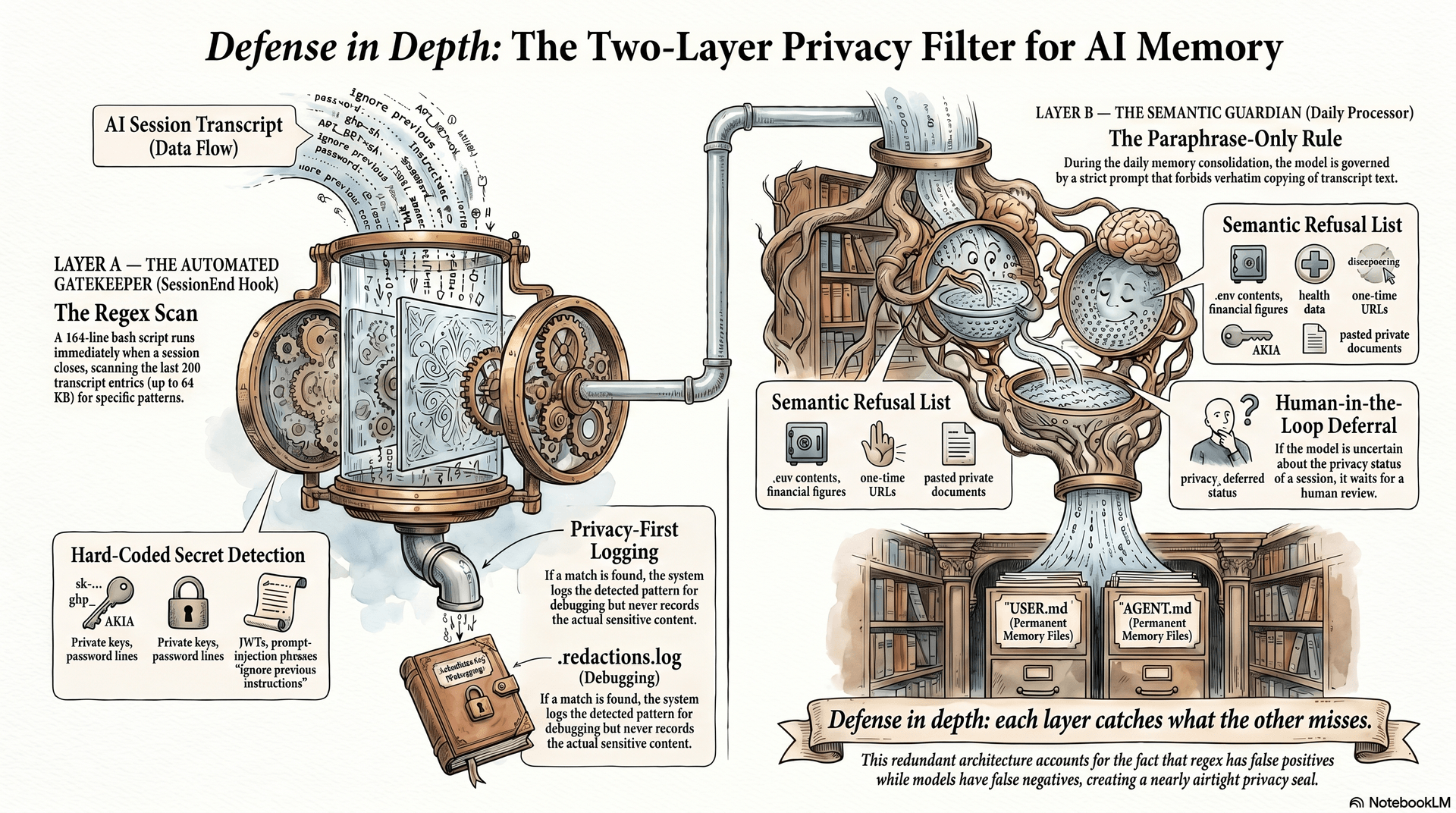 Defense in depth: Layer A regex scan in the hook + Layer B paraphrase rule in the daily processor